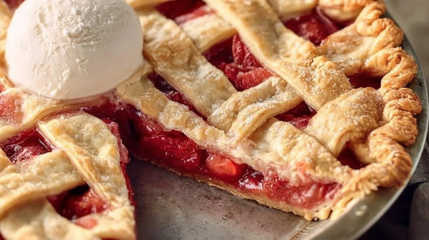 Delicious Strawberry Rhubarb Pie slice on a plate with fresh strawberries