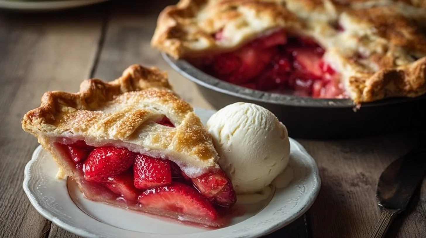 Freshly baked strawberry rhubarb pie with flaky crust and vibrant filling