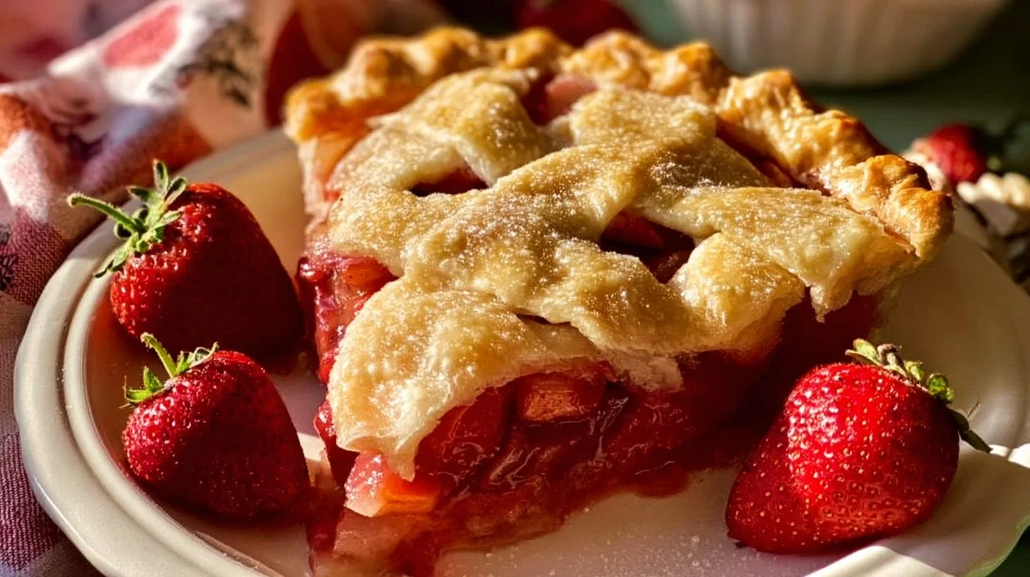 Homemade Strawberry Rhubarb Pie with crust and fresh fruit filling