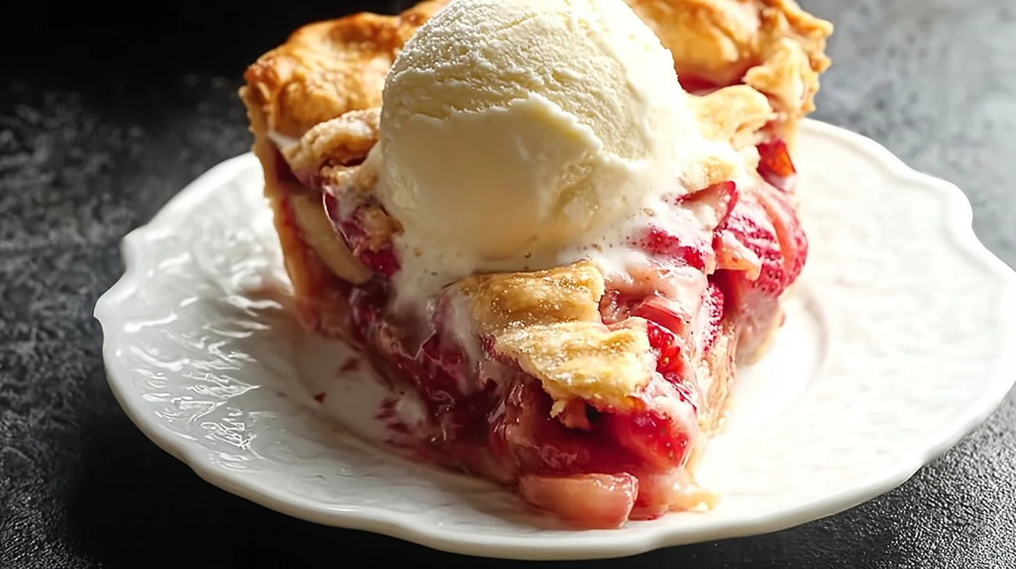 Delicious homemade Strawberry Rhubarb Pie with golden crust and vibrant filling