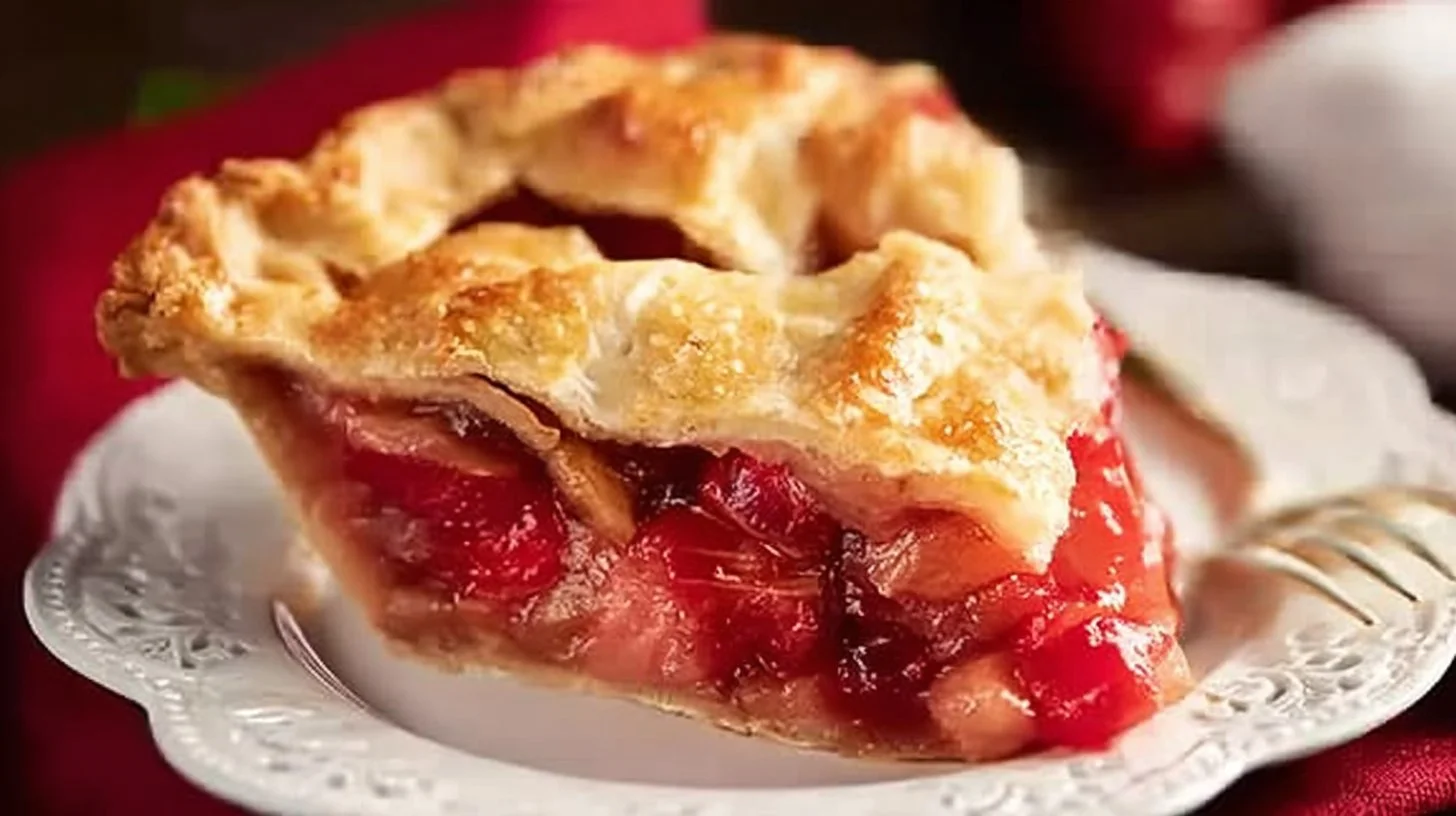 Delicious homemade Strawberry Rhubarb Pie on a rustic wooden table
