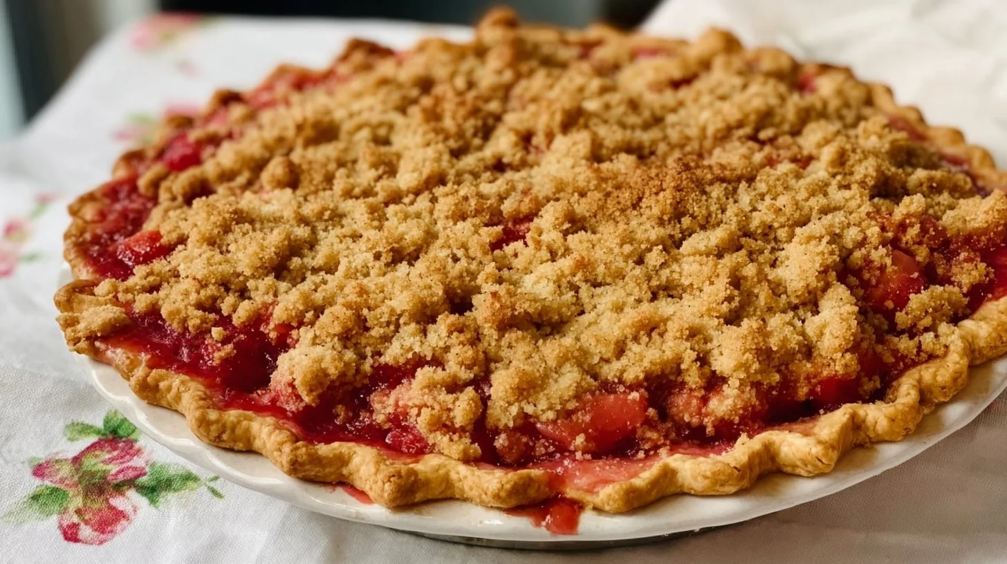 Delicious Strawberry Rhubarb Pie topped with crumb, showcasing its vibrant colors.