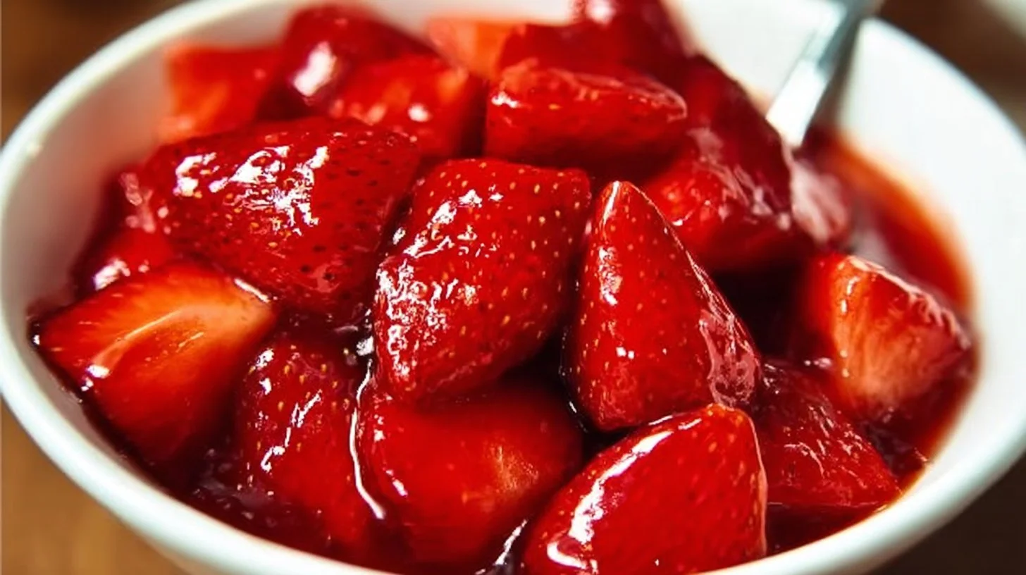 Homemade strawberry sauce drizzled over vanilla ice cream