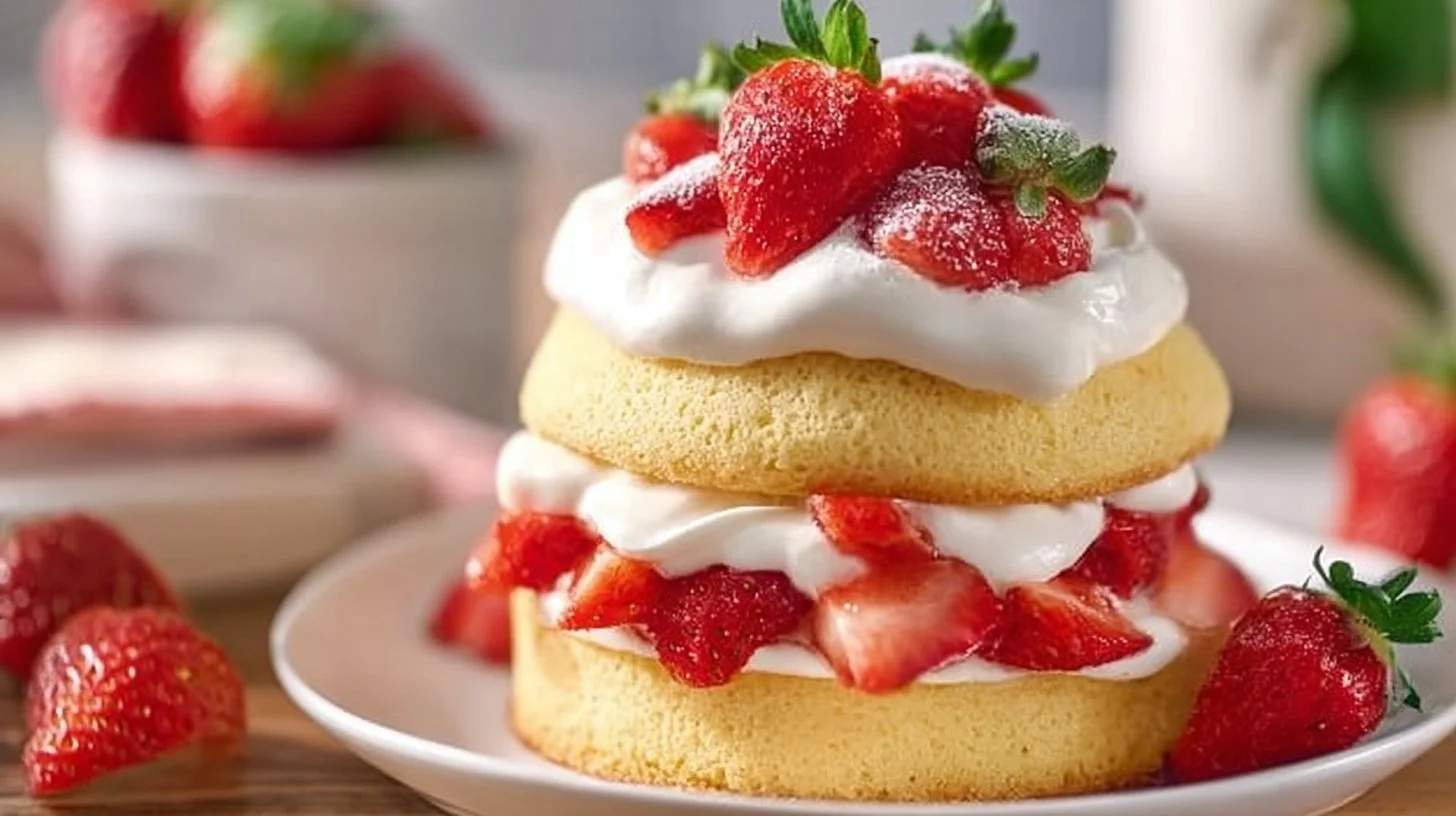Delicious strawberry shortcake with fresh strawberries and whipped cream