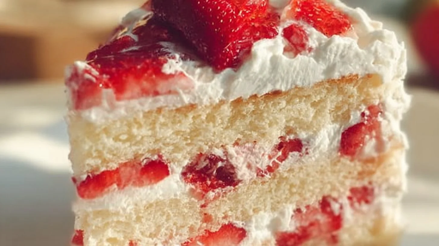 Delicious Strawberry Shortcake Cake layered with fresh strawberries and whipped cream