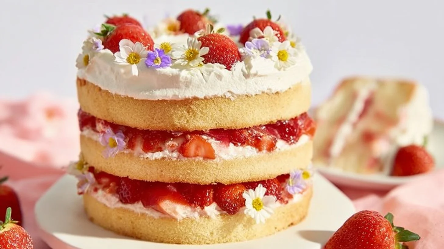 Delicious strawberry shortcake cake with fresh strawberries and whipped cream.