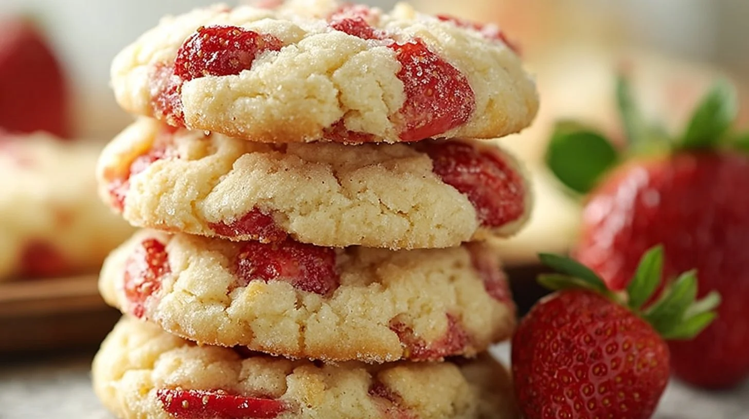 Freshly baked strawberry shortcake cookies on a rustic wooden table