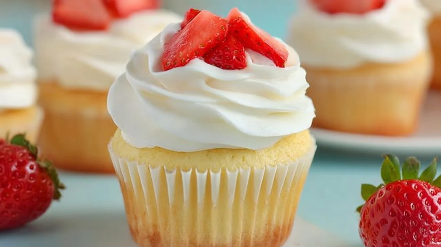 Strawberry shortcake cupcakes topped with fresh strawberries and whipped cream