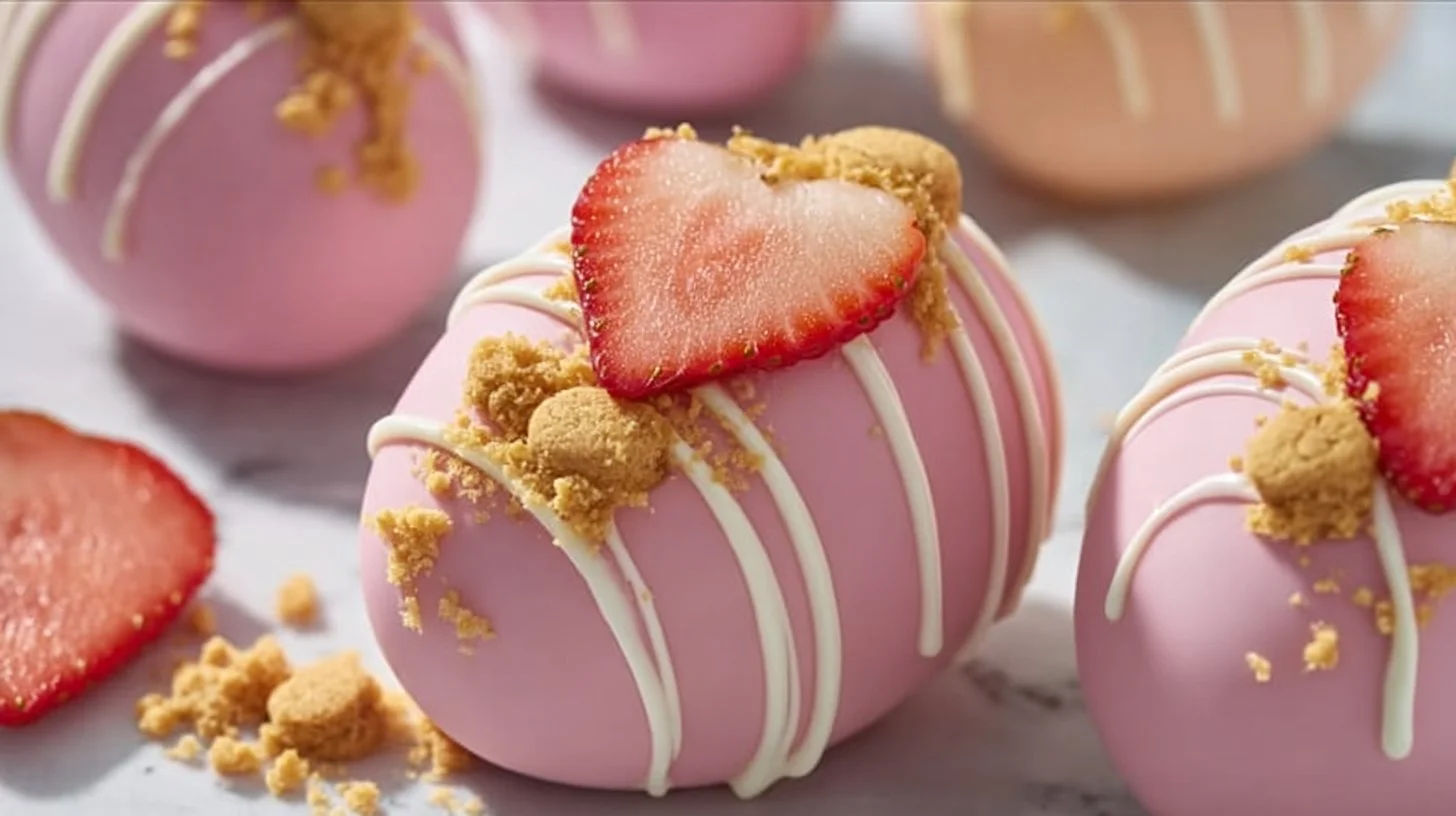 Strawberry Shortcake Easter Egg Bombs dessert with fresh strawberries.