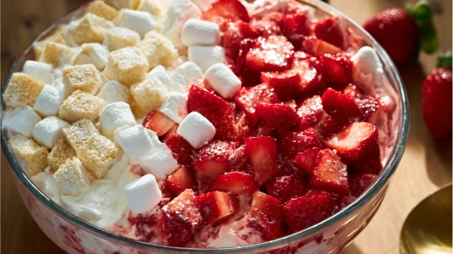 Bowl of Strawberry Shortcake Fluff Salad with fresh strawberries and whipped cream