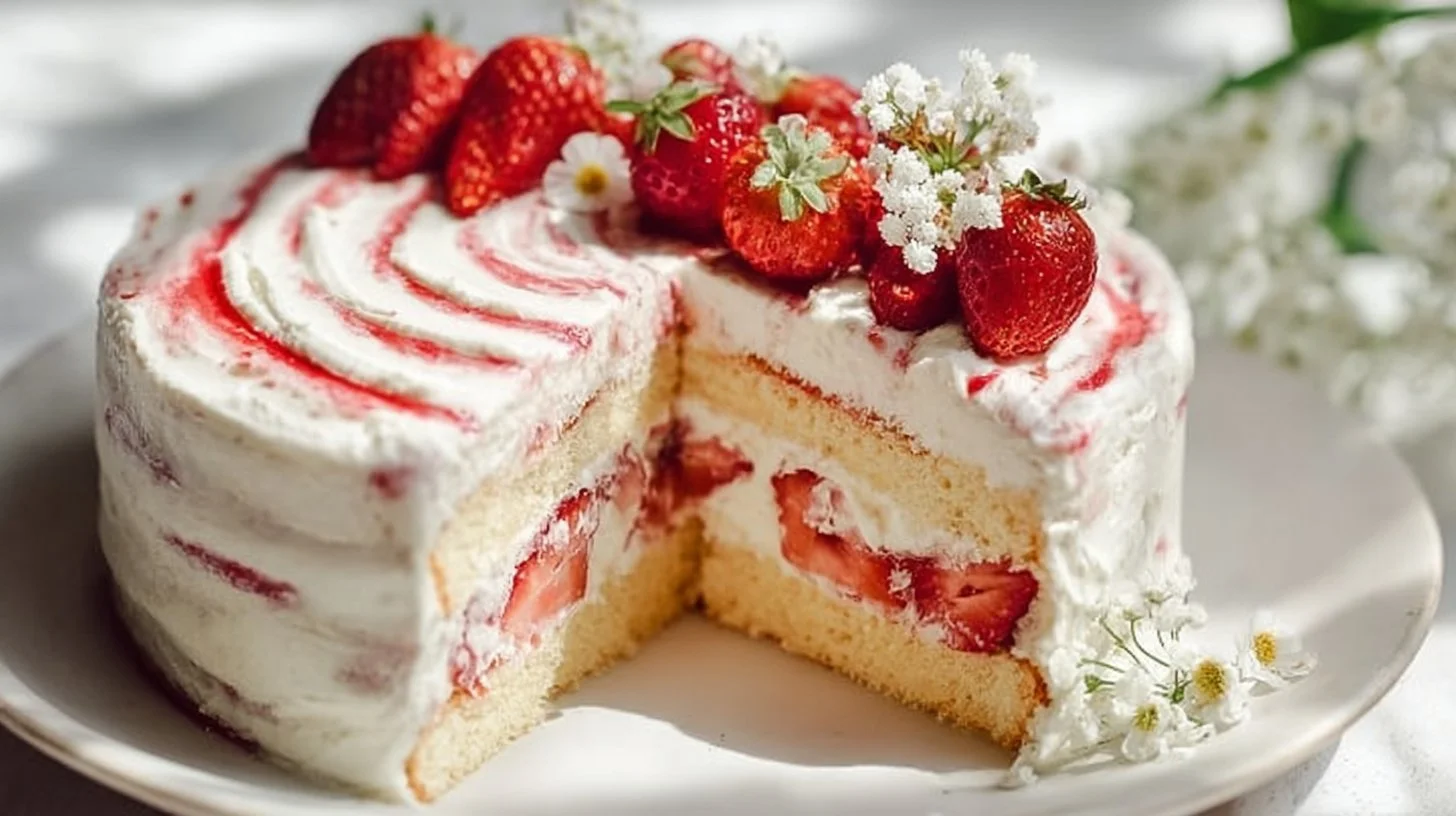 Delicious Strawberry Shortcake Layer Cake with fresh strawberries and whipped cream