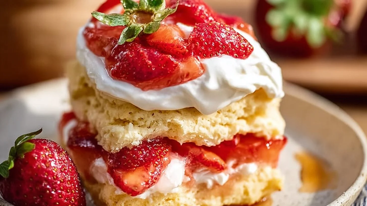 Delicious strawberry shortcake dessert topped with fresh strawberries and whipped cream