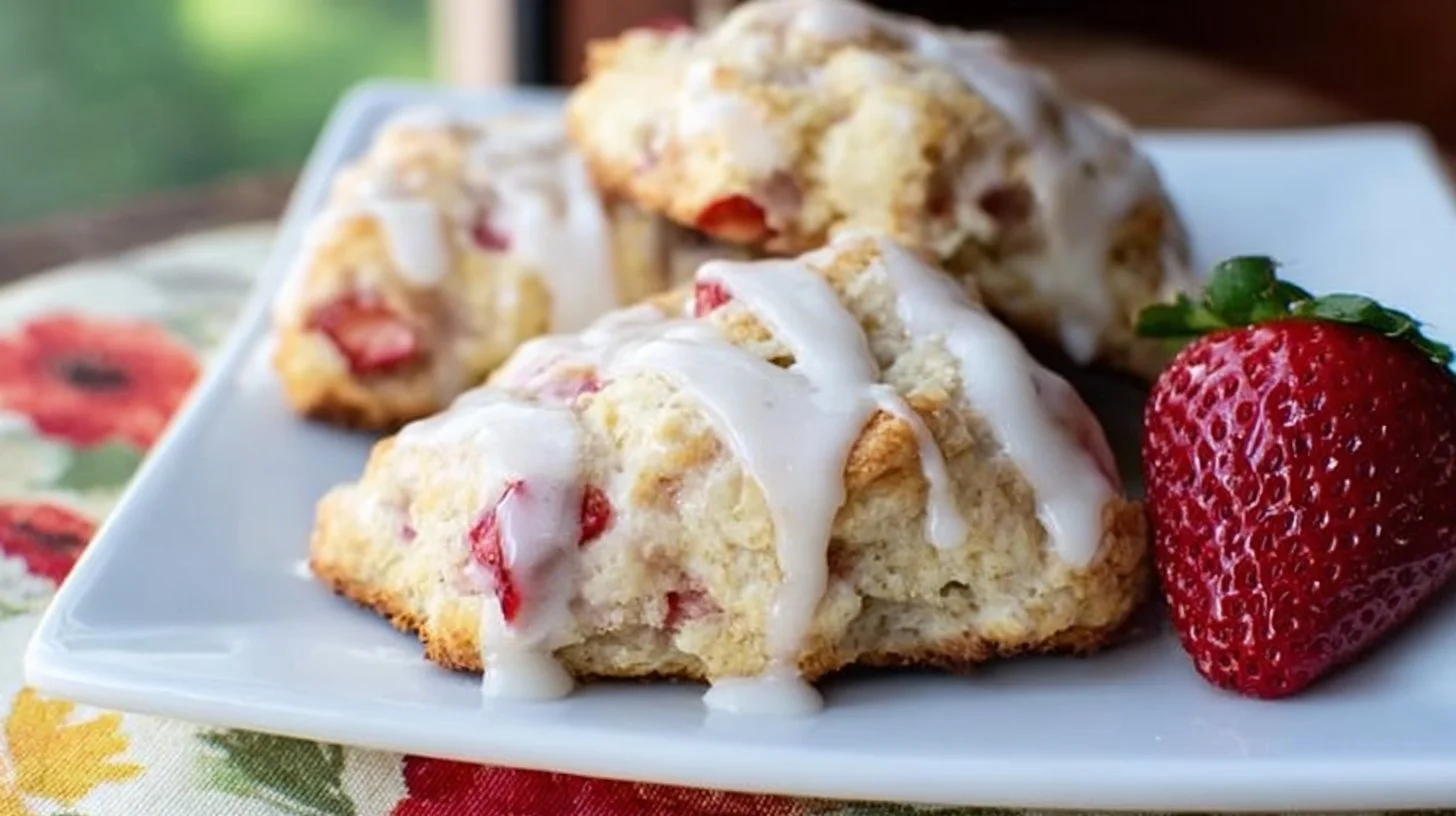 Freshly baked strawberry shortcake scones on a plate.
