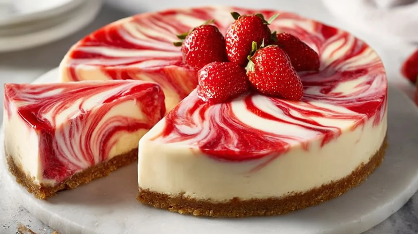 Delicious homemade Strawberry Swirl Cheesecake with a creamy texture and berry topping