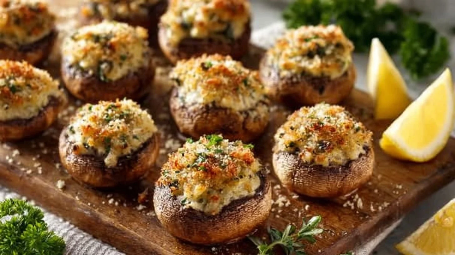 Plate of delicious stuffed mushrooms topped with herbs and spices