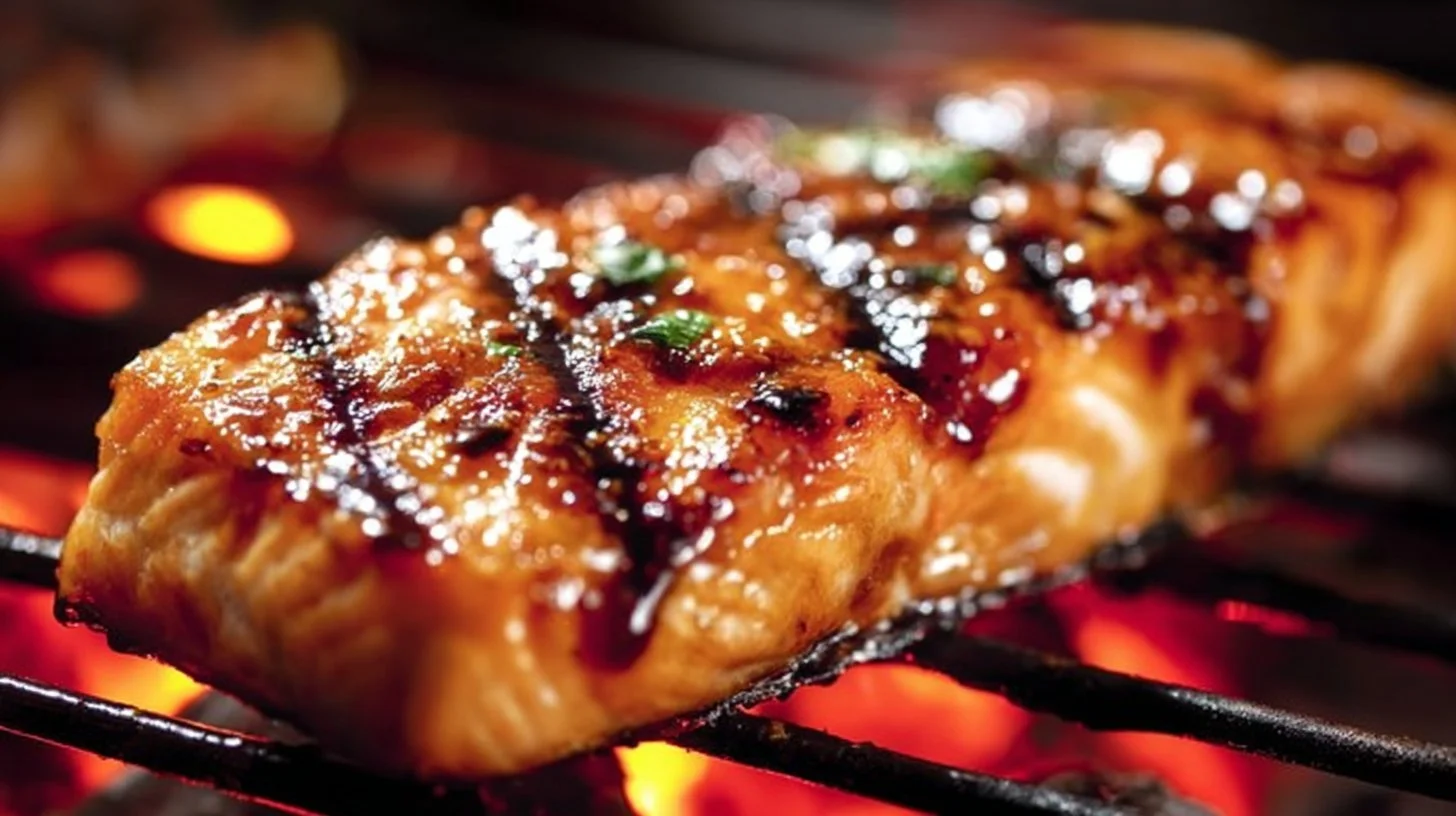 Delicious sweet glazed grilled salmon on a plate