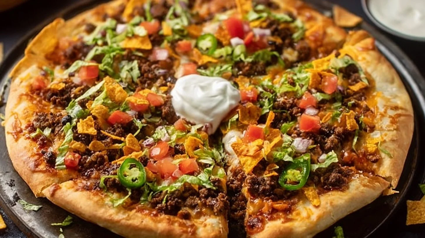 Delicious Taco Pizza topped with ground beef, cheese, and fresh toppings