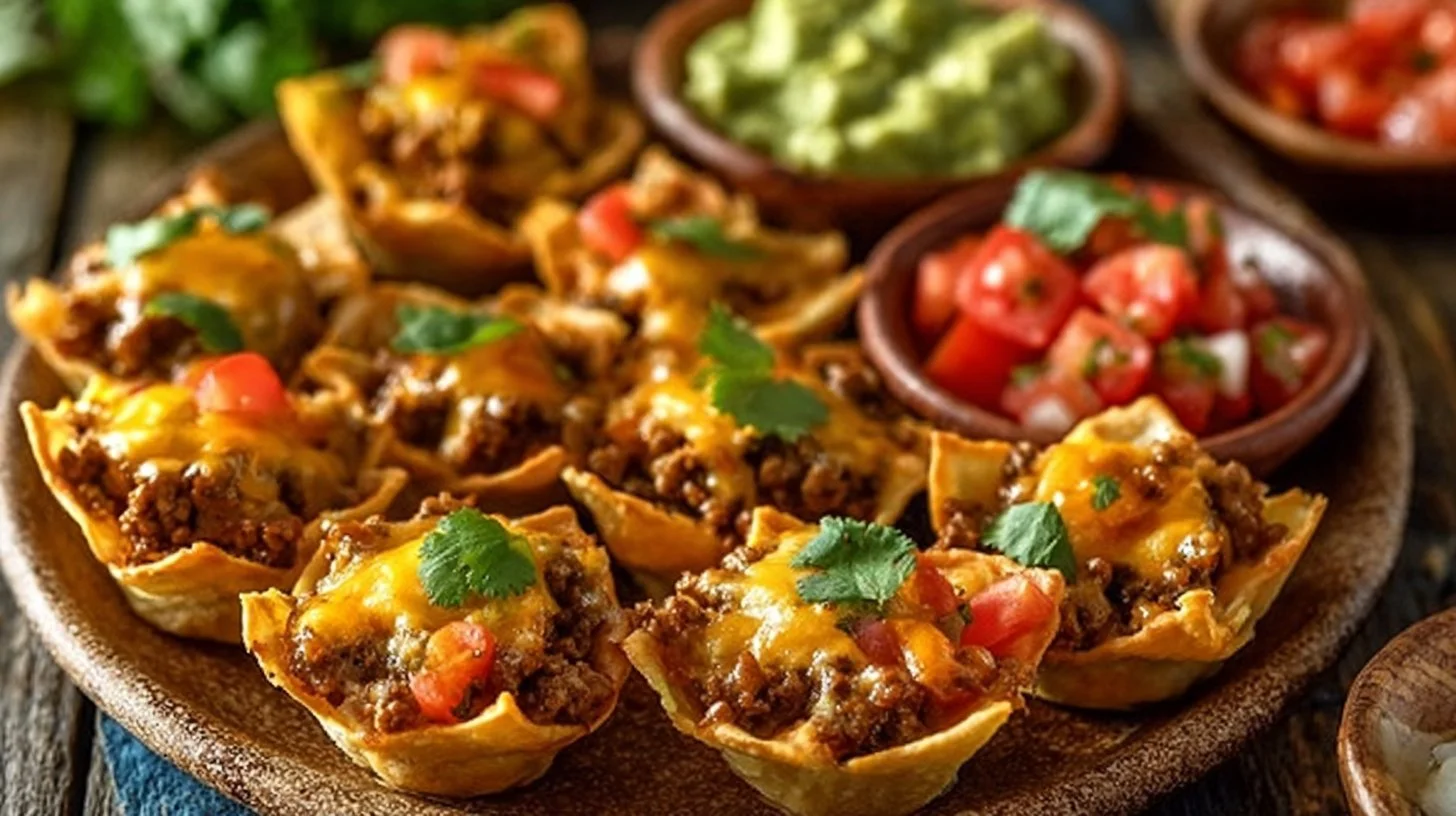 Plate of Taco Ranch Bites with toppings and dipping sauce