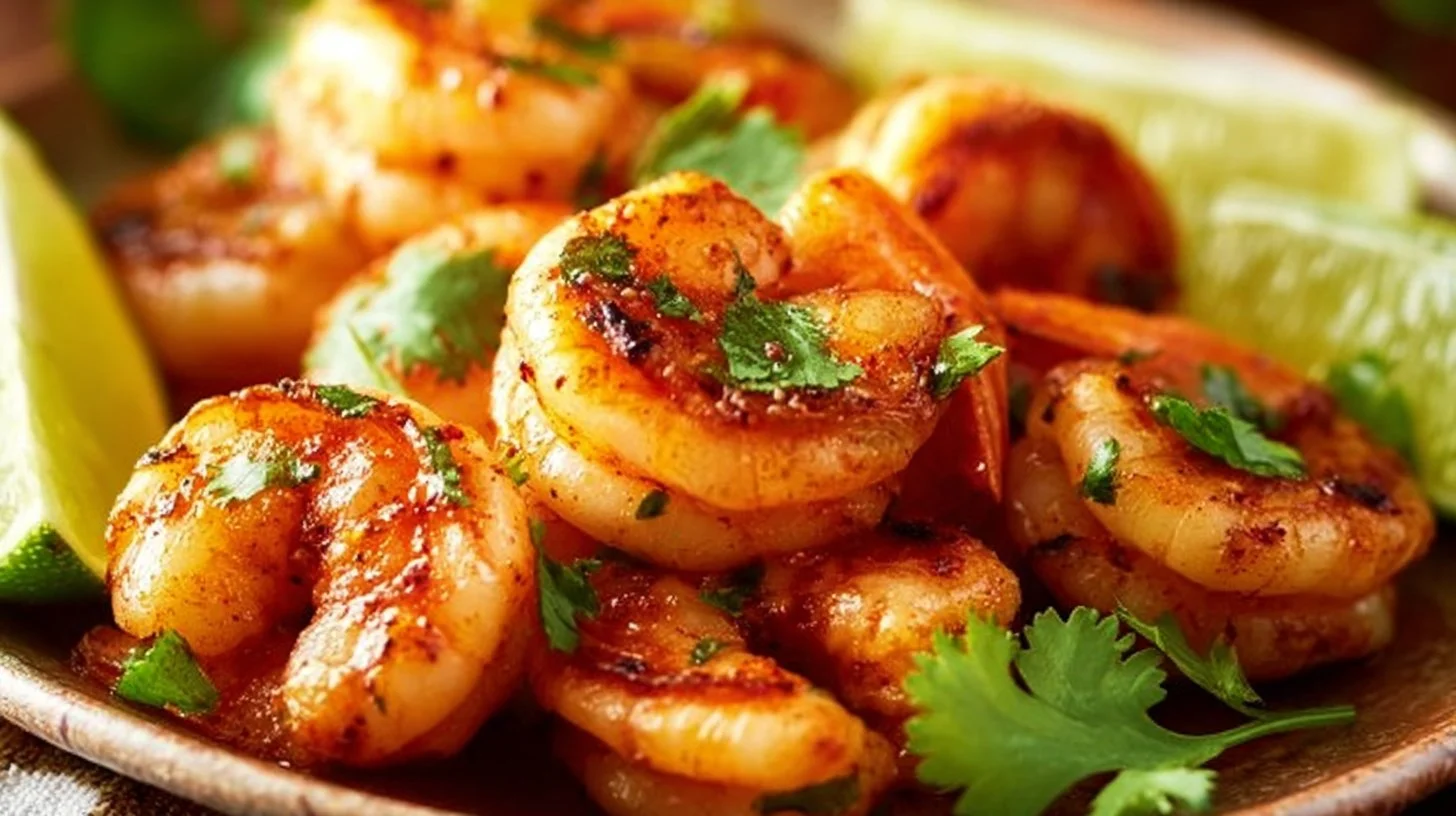 Delicious Tequila Lime Shrimp garnished with lime and herbs