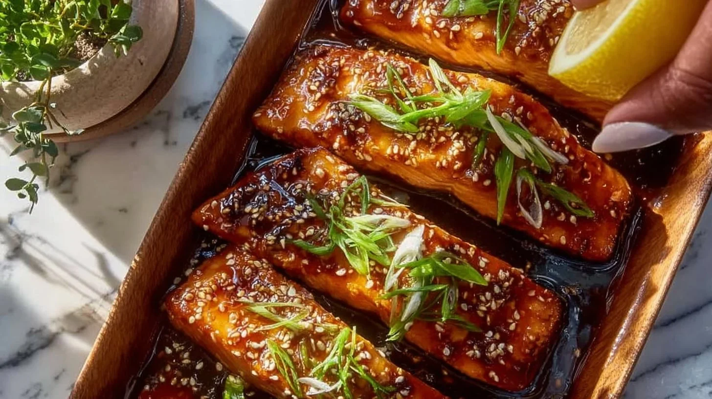 Delicious teriyaki baked salmon served with vegetables