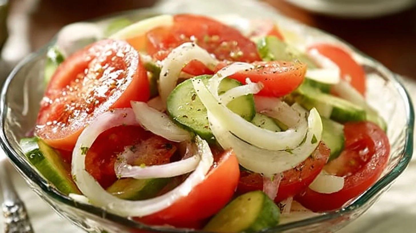 Fresh Tomato Cucumber Onion Salad in a bowl with vibrant colors