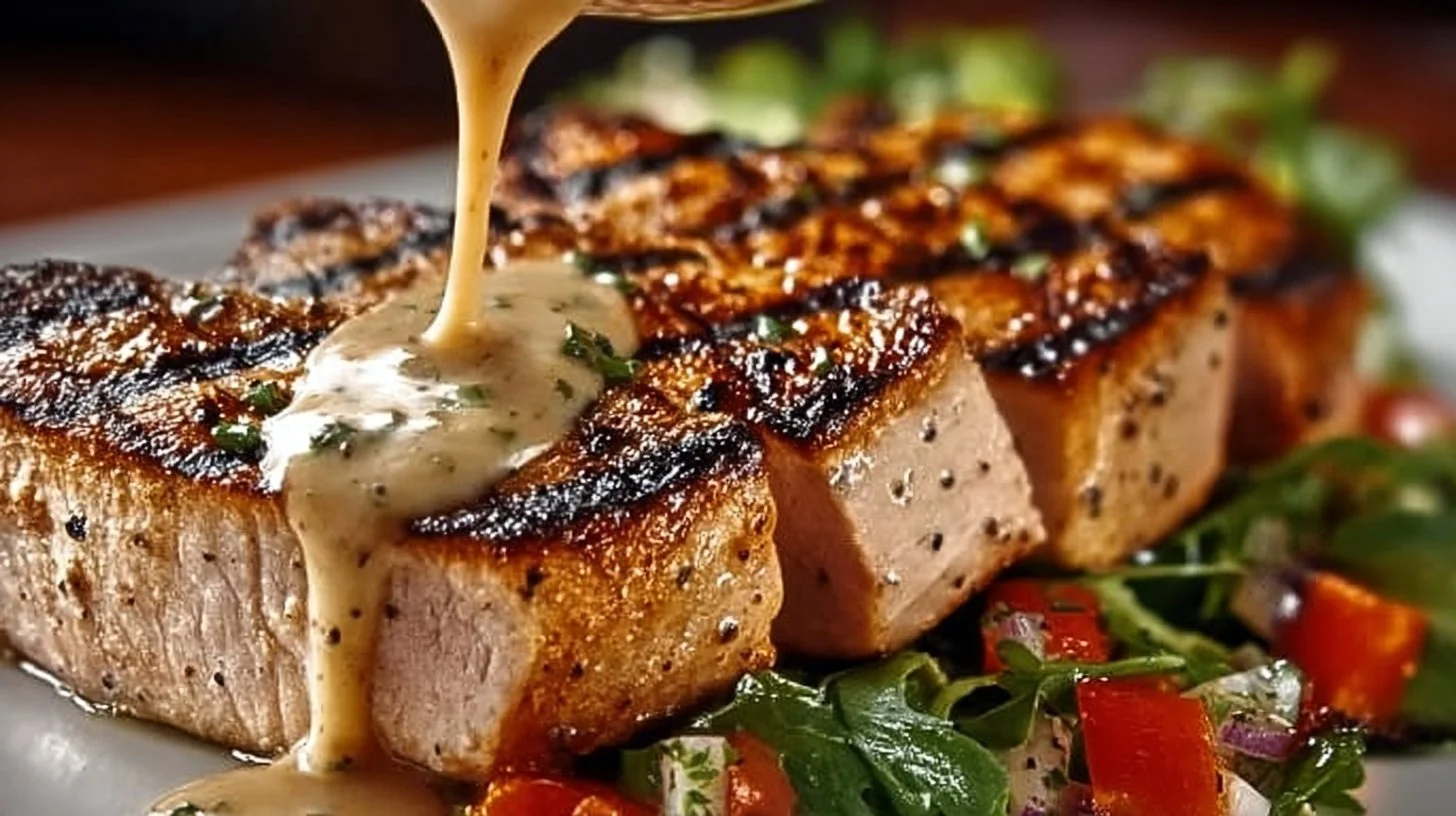 Delicious tuna steaks with creamy garlic sauce garnished with herbs.
