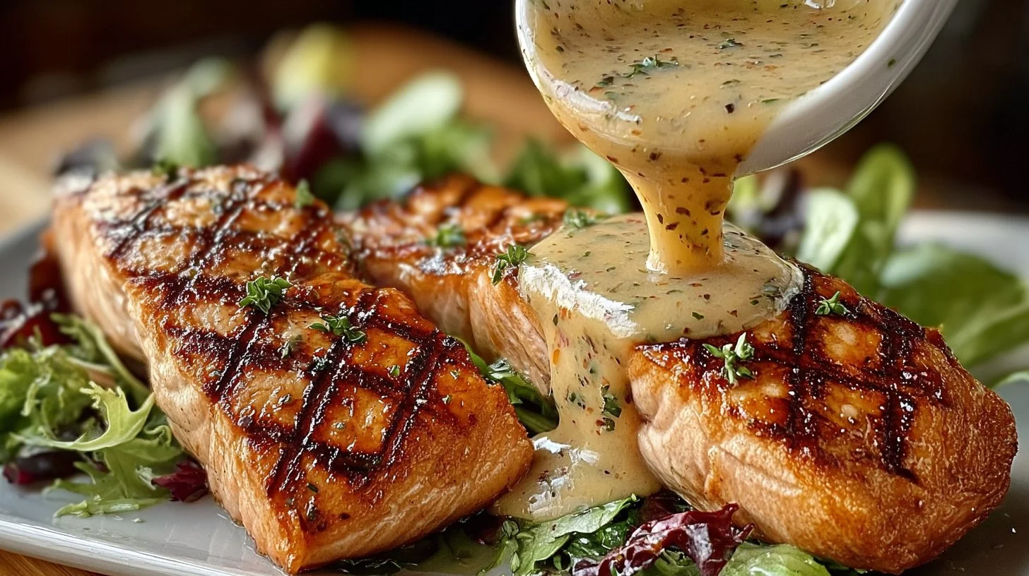 Grilled tuna steaks served with creamy garlic sauce and a fresh salad