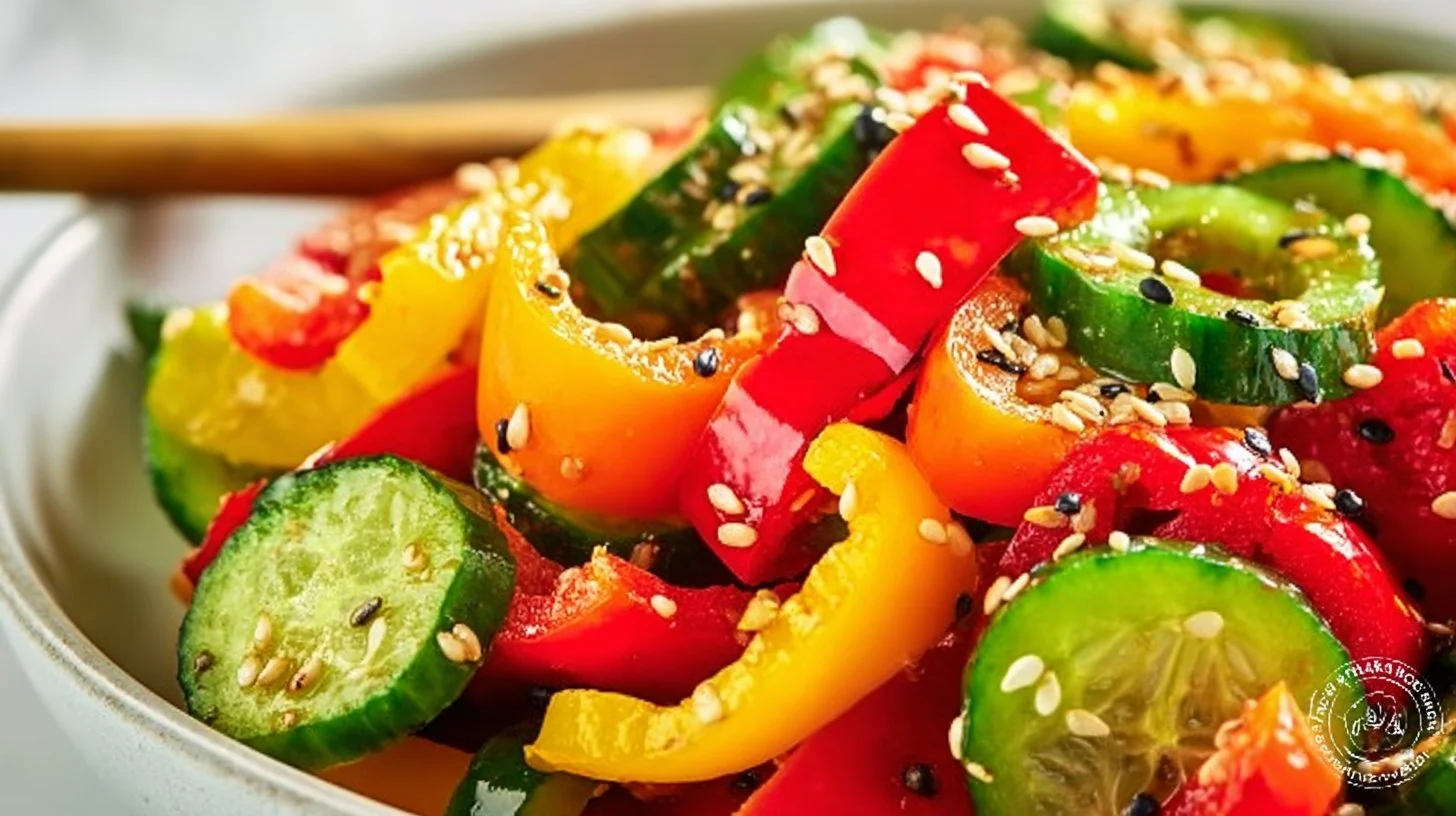 Viral TikTok cucumber and bell pepper salad in a bowl, garnished and colorful
