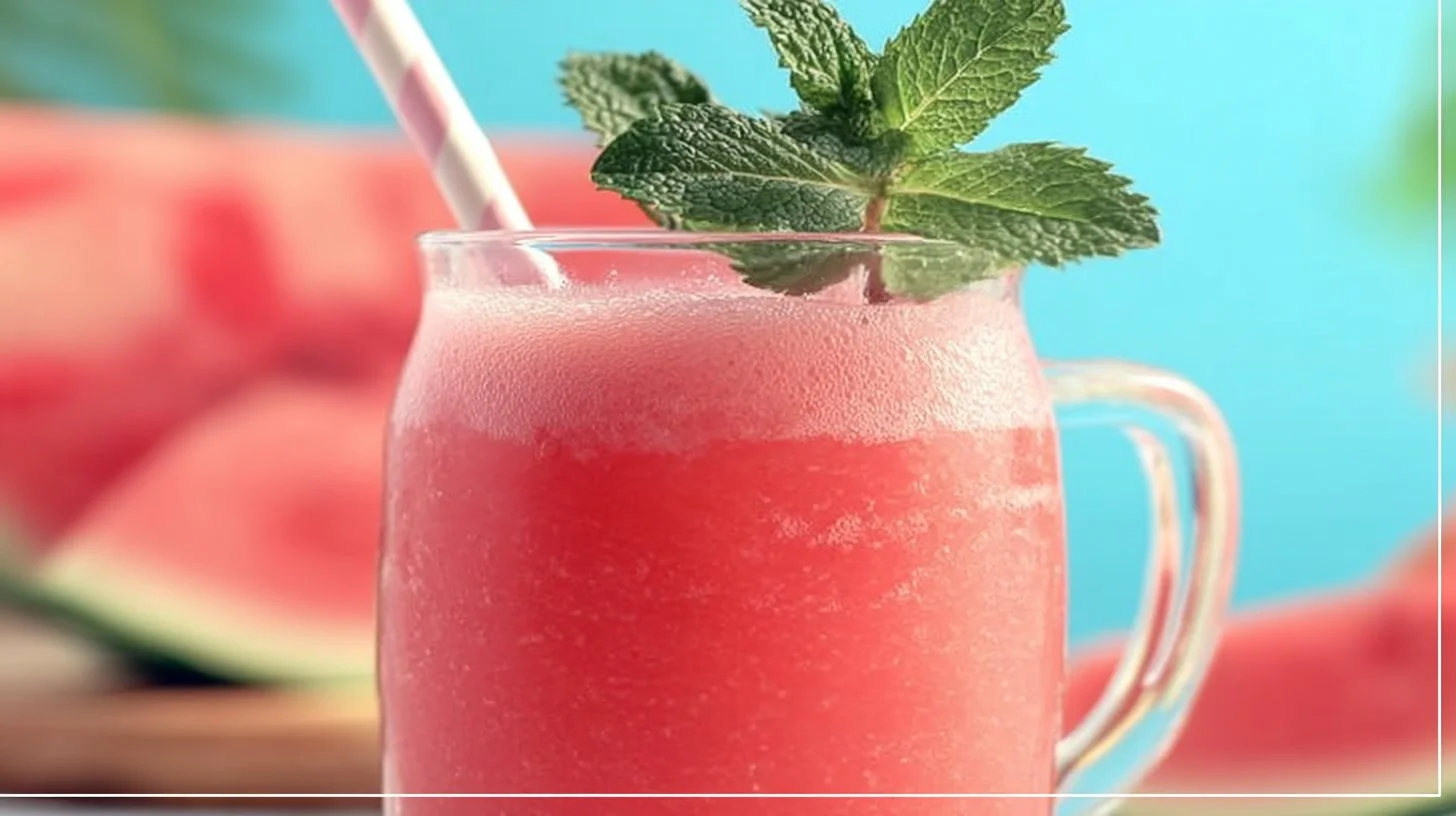 Refreshing watermelon cucumber drink with lemon and ginger served in a glass.