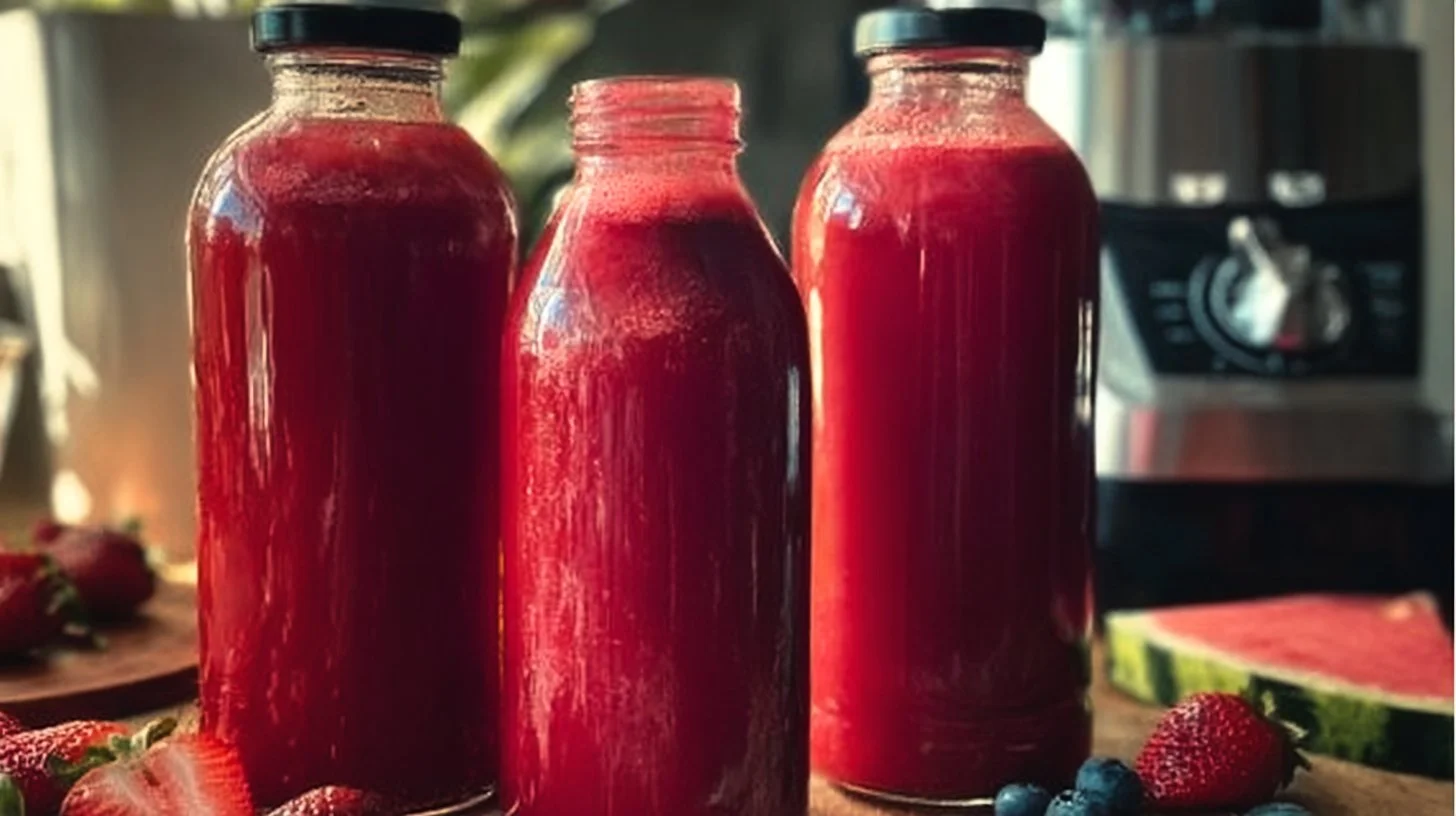 Freshly made watermelon juice in a glass with ice and mint leaves