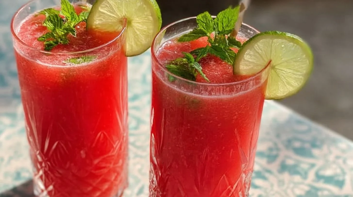 Refreshing glass of watermelon juice garnished with mint leaves
