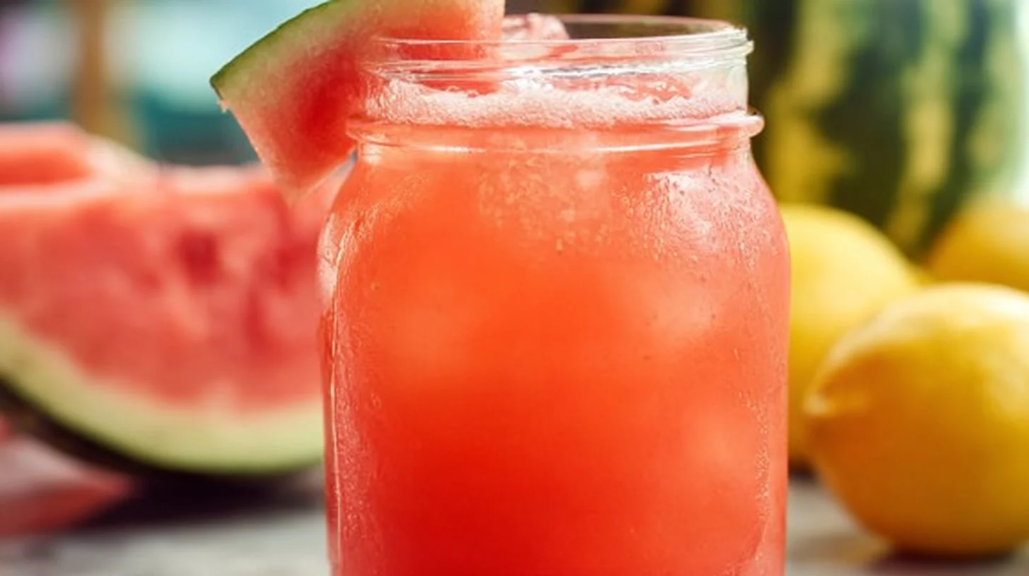 Glass of refreshing watermelon lemonade with lemon slices and mint leaves