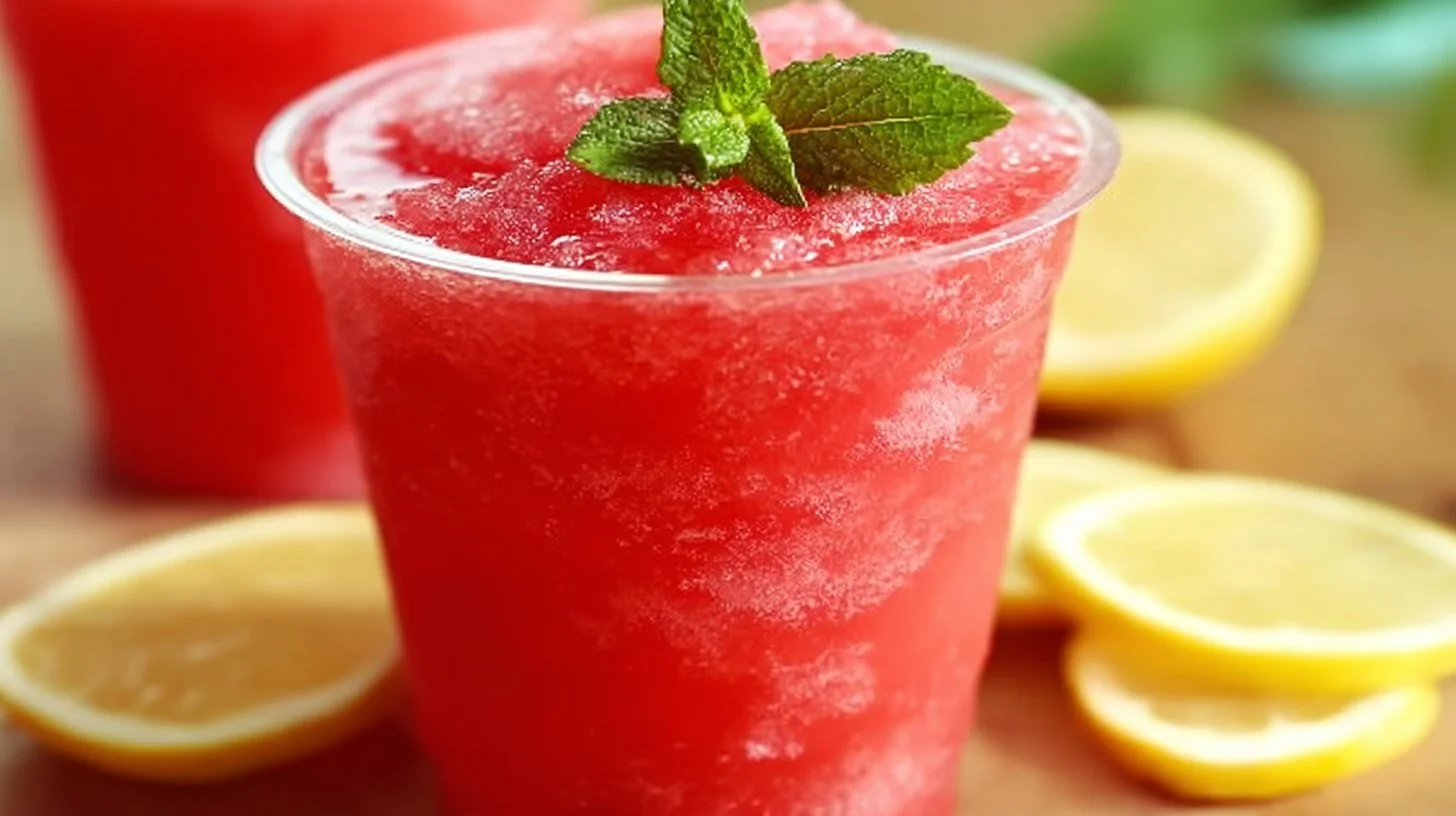 A vibrant watermelon slush in a glass with ice and a slice of watermelon on the rim.