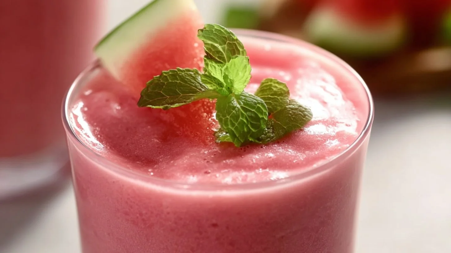 Refreshing watermelon strawberry smoothie in a glass with mint leaves
