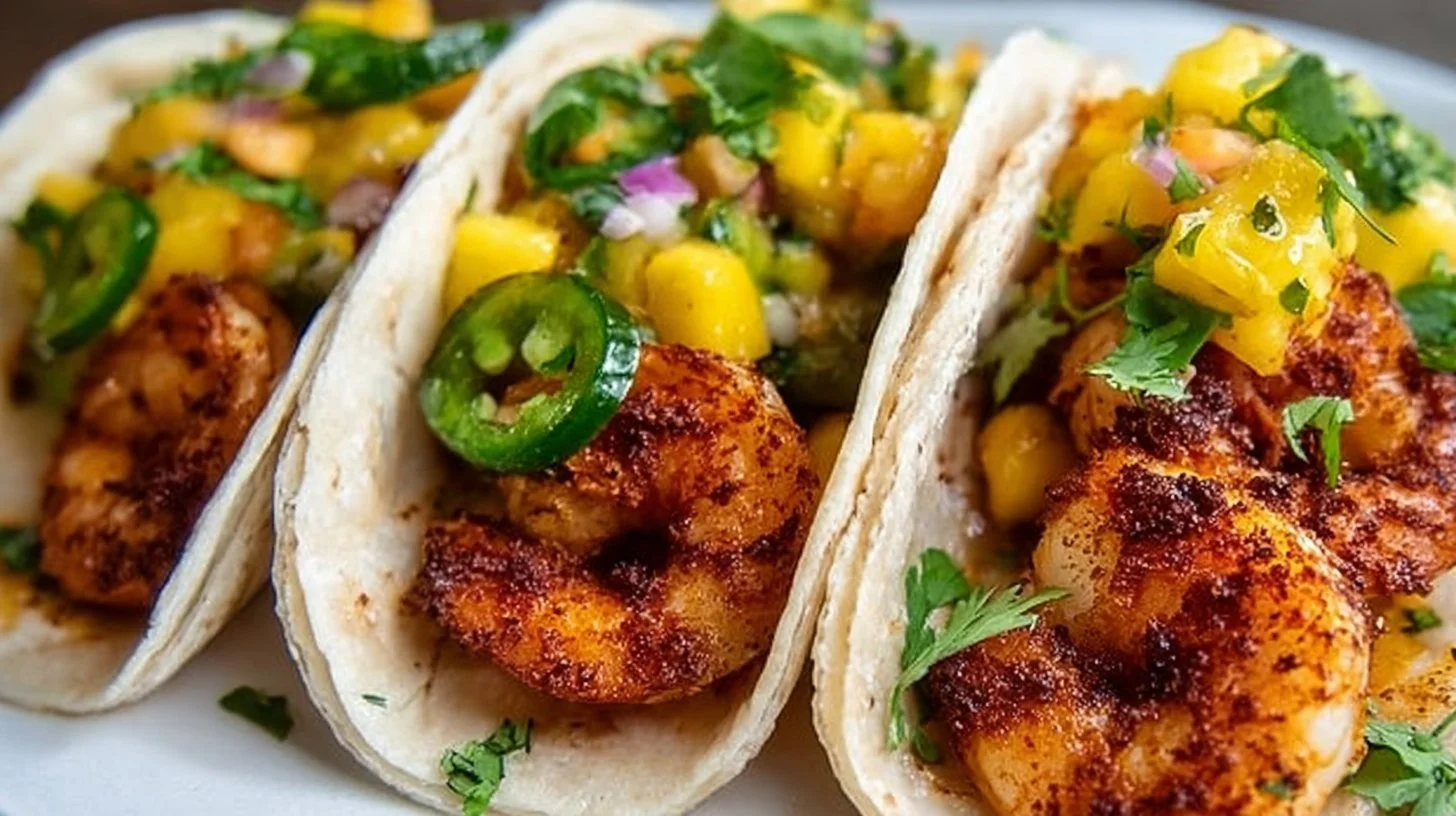 Delicious shrimp tacos with mango salsa served on a plate