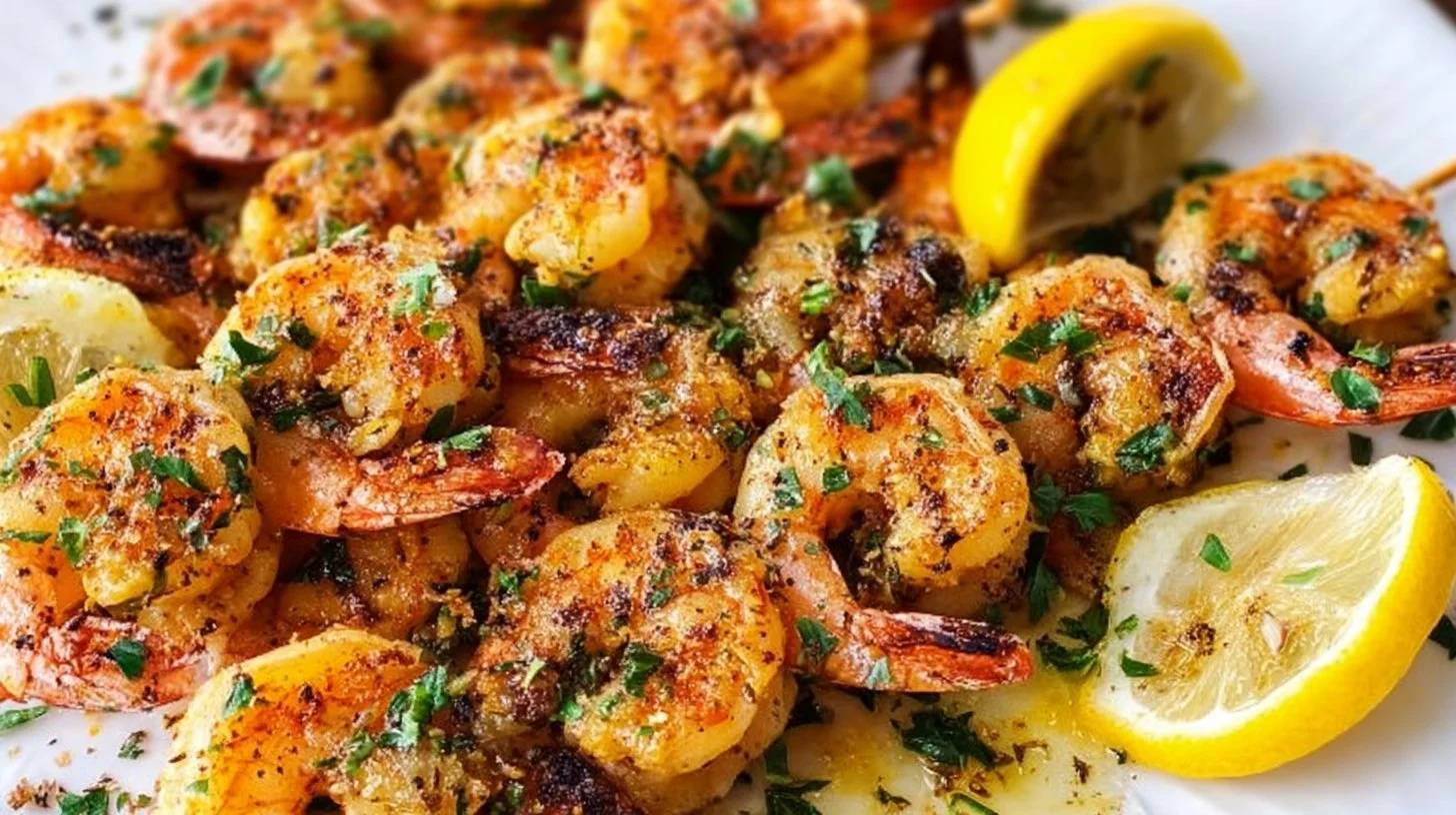 Cajun garlic butter grilled shrimp skewers on a barbecue grill