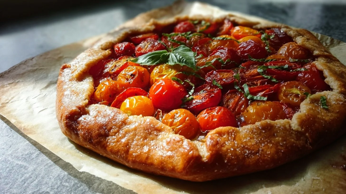 Delicious cherry tomato and cheese galette baked to golden perfection.