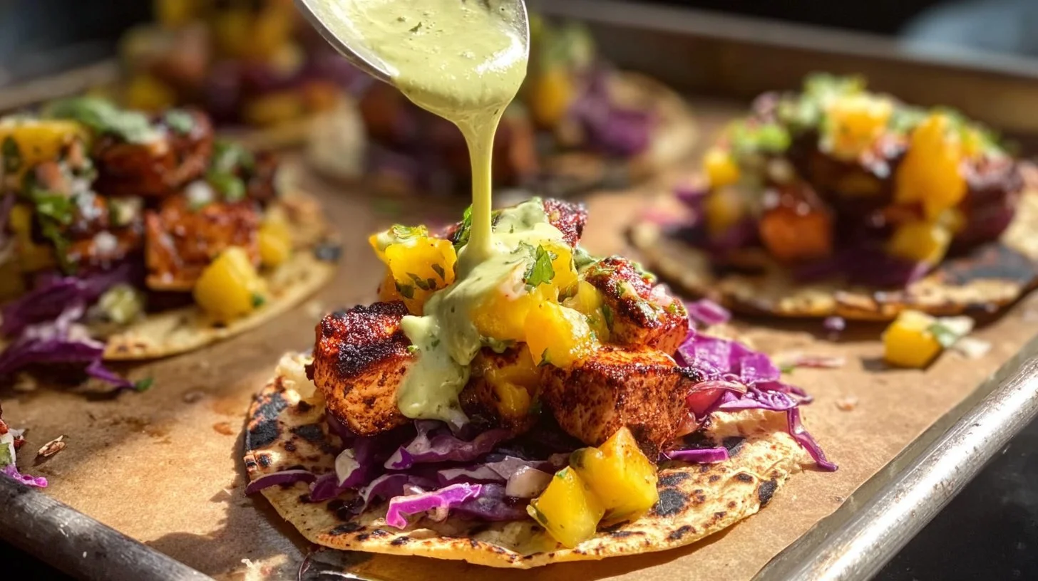 Chipotle salmon tacos served with fresh ingredients and vibrant toppings.