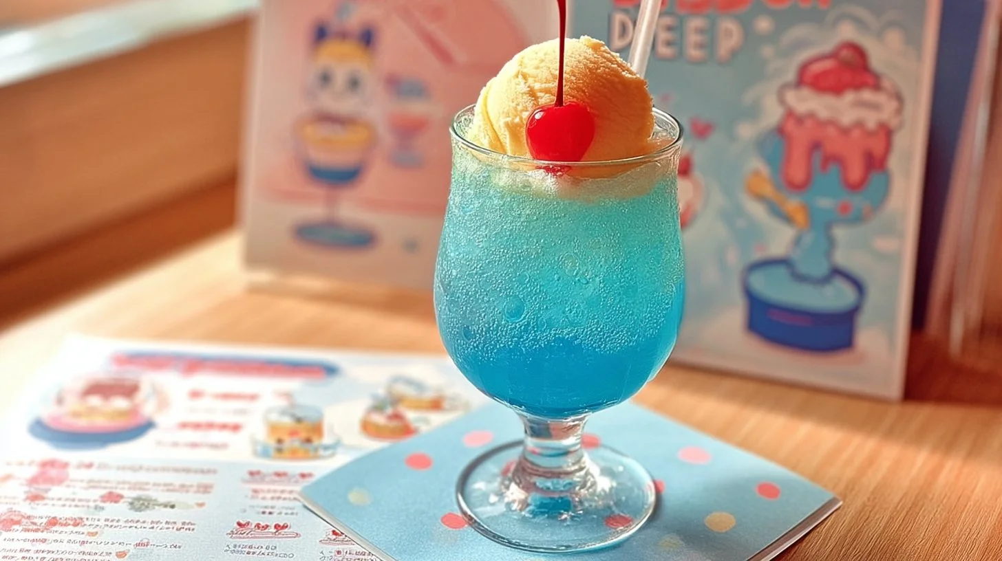 Glass of creamy, fizzy cream soda with a straw and ice