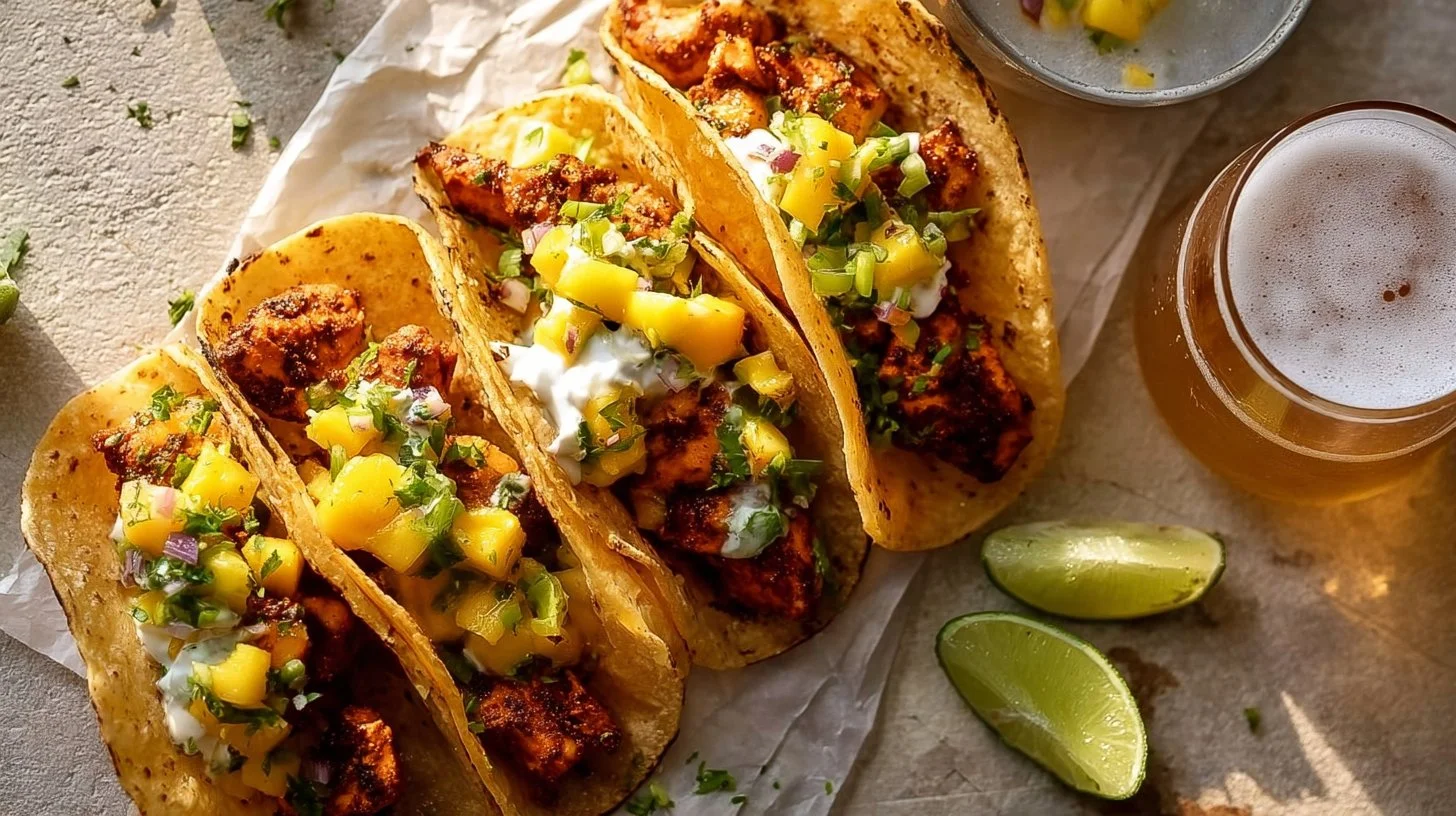 Crispy BBQ salmon tacos with avocado mango salsa and jalapeño cream topping.