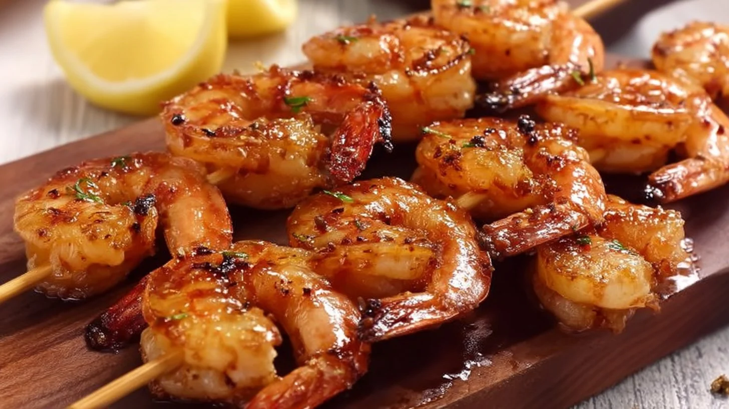 Deliciously grilled shrimp skewers on a BBQ grill