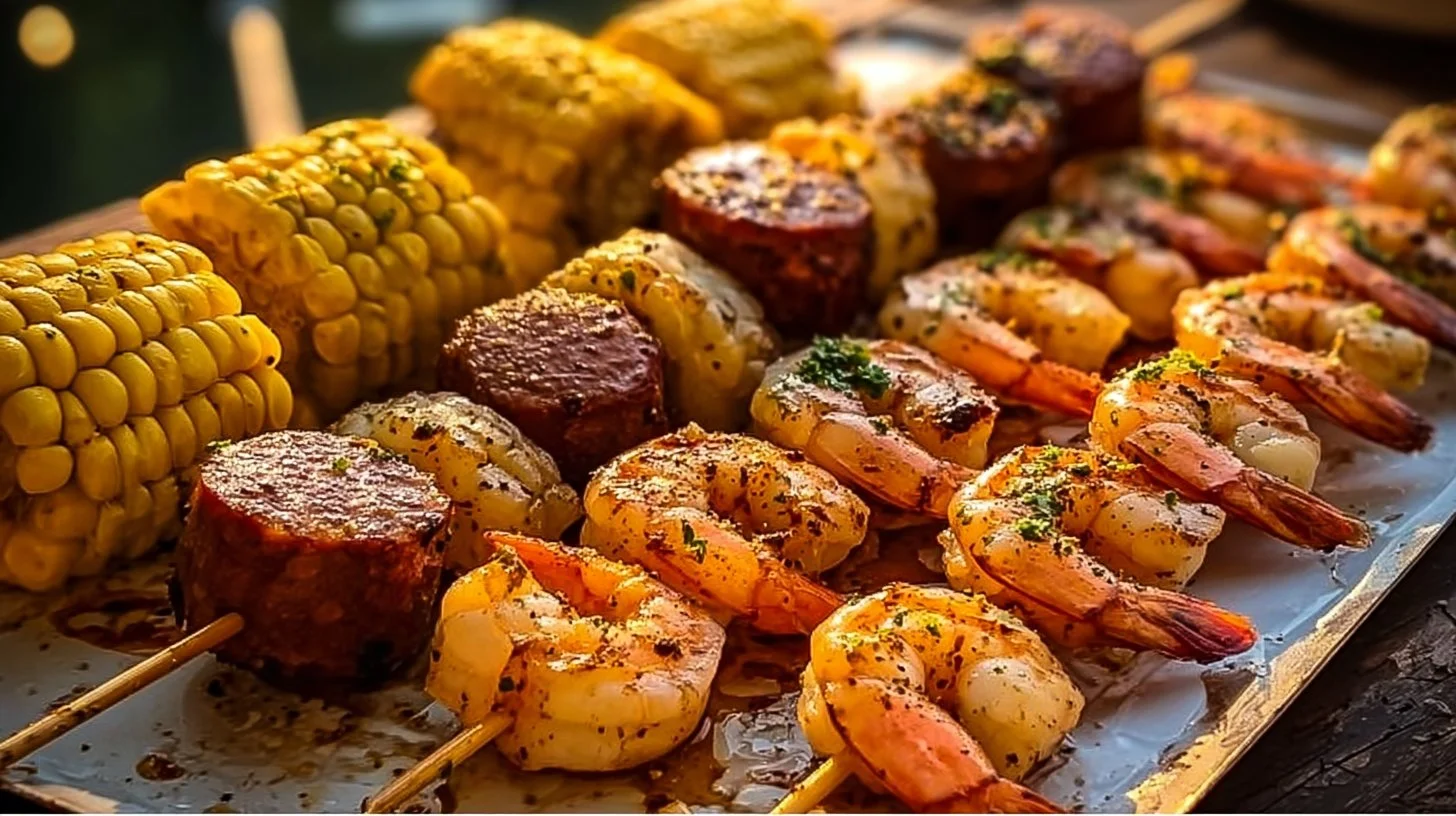 Delicious grilled seafood skewers with shrimp and vegetables on a barbecue grill
