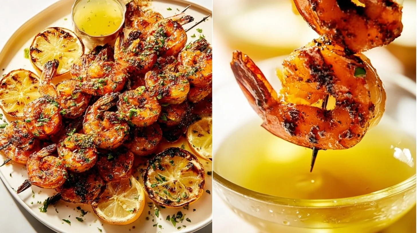 Plate of grilled shrimp with lemon parsley butter sauce.