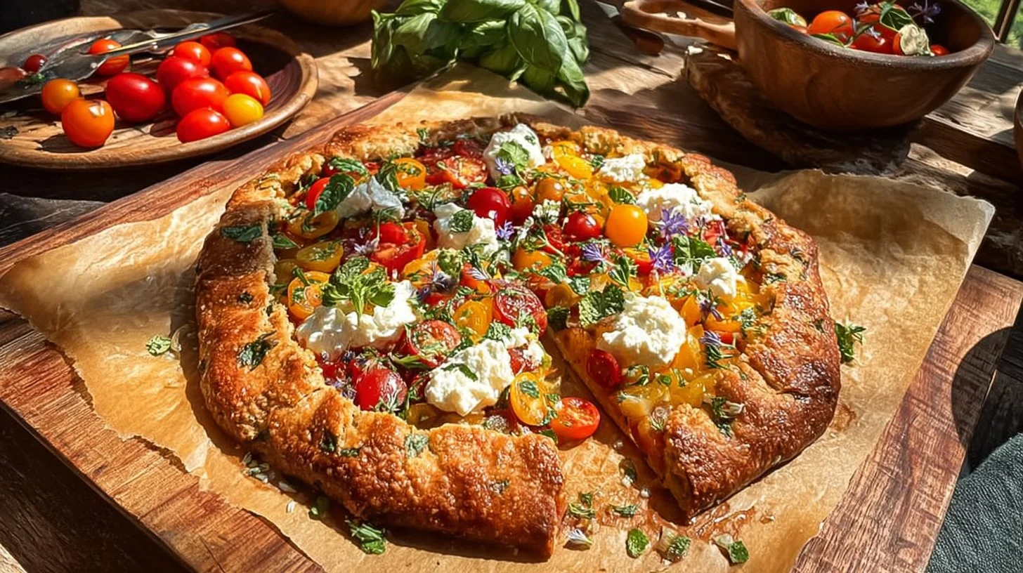 Delicious heirloom tomato galette with fresh herbs and flaky crust