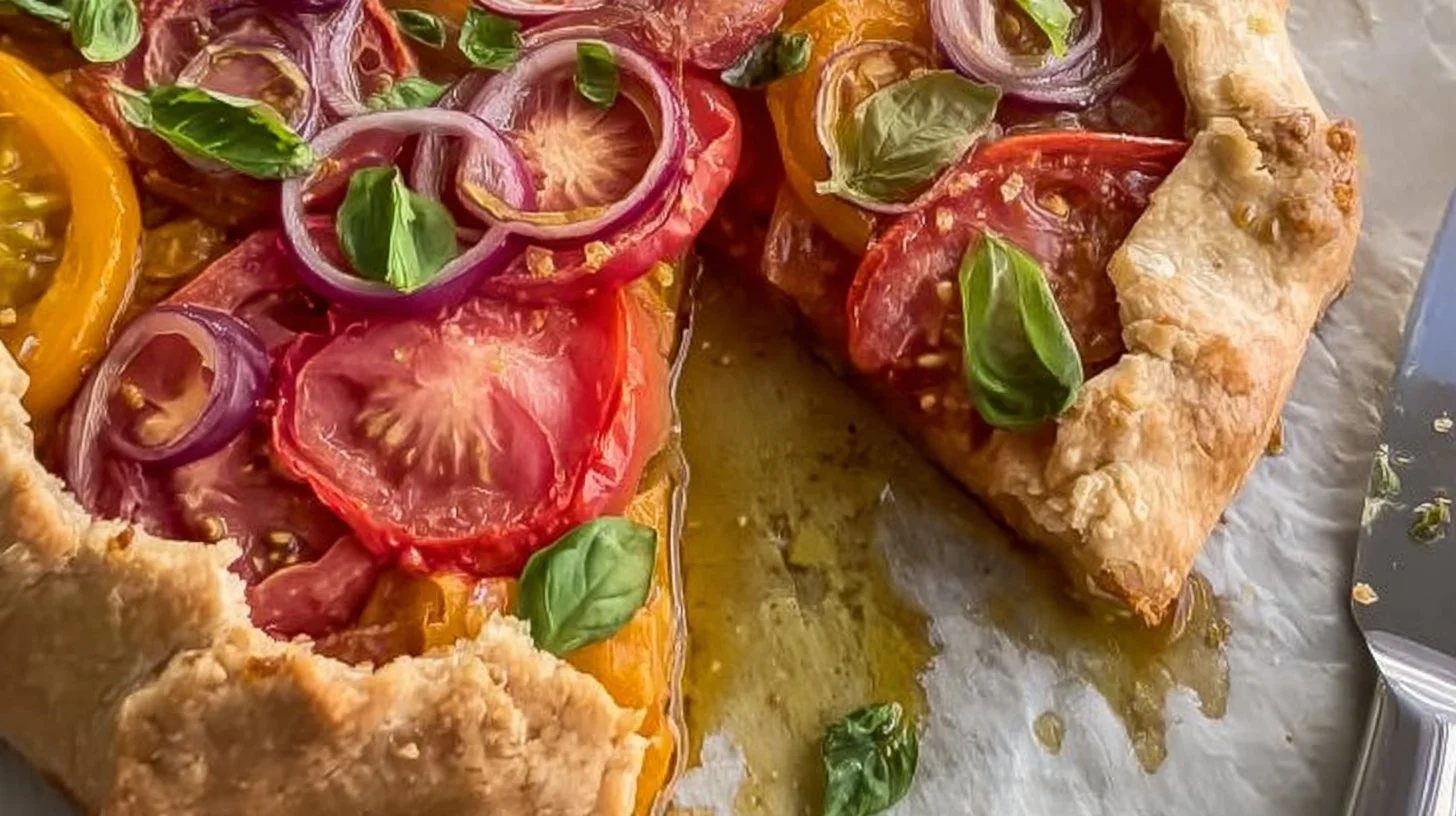 Delicious heirloom tomato galette featuring fresh tomatoes and flaky crust