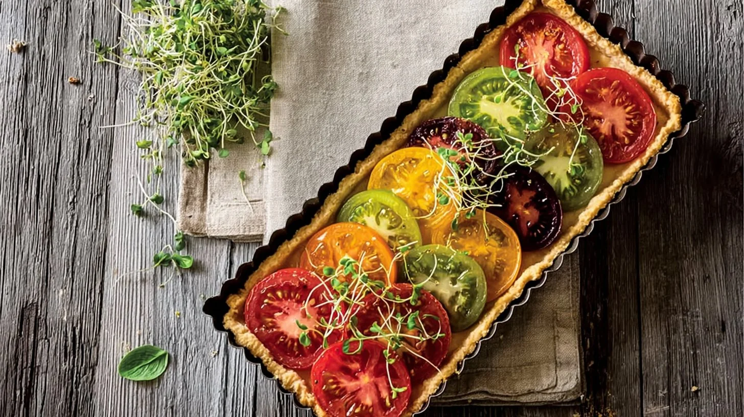 Heirloom tomato tart with a crispy parmesan crust on a wooden table