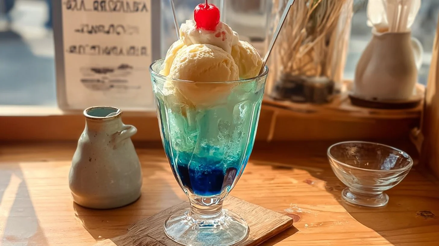 Delicious Japanese retro cafe soda float with vibrant colors and creamy texture.