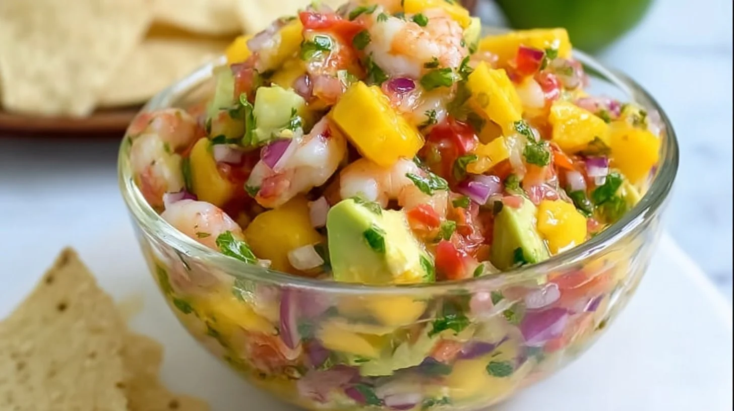 A colorful bowl of Mango Shrimp Salsa with fresh ingredients and vibrant colors.