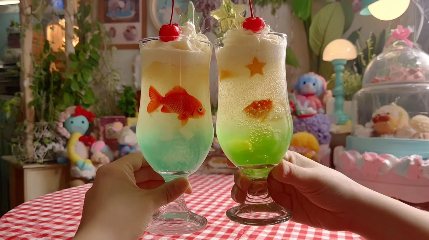 Homemade melon cream soda in a glass with a straw and garnish