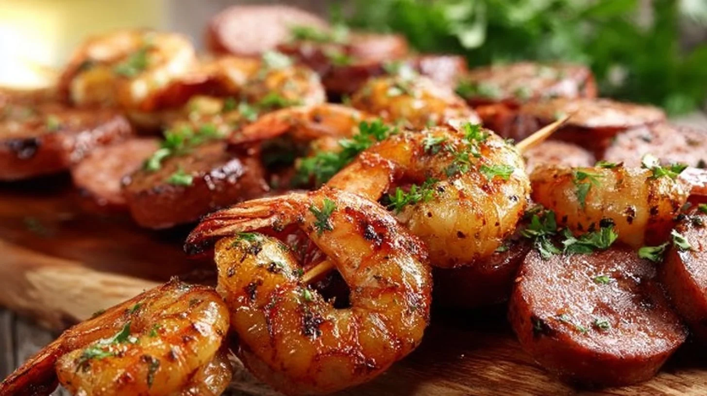 Grilled Sausage & Shrimp Kabobs served on skewers with colorful vegetables